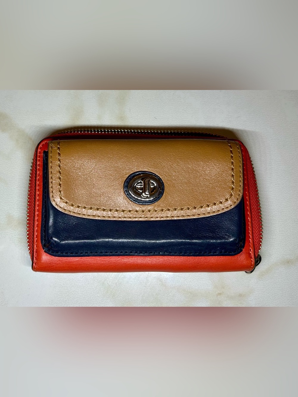 Coach Tri-Color Leather Small Zip Wallet - Tan Navy Red